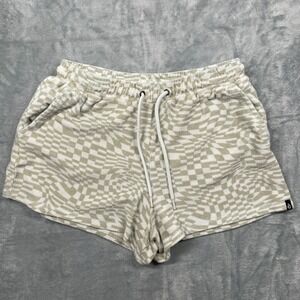 Volcom Womens Terry Cloth Warped Checkerboard Lounge Shorts Tan White Small